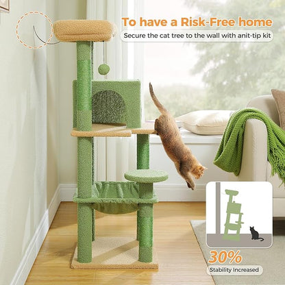 PETEPELA 45.7" Cat Tree for Indoor Cats, Cactus Cat Tower for Large Cats with Metal Frame Large Hammock (17.3"x15.3"), Cat Condo with (18.5"x13") Big Top Perch & 4 Sisal Covered Scratching Posts,Green