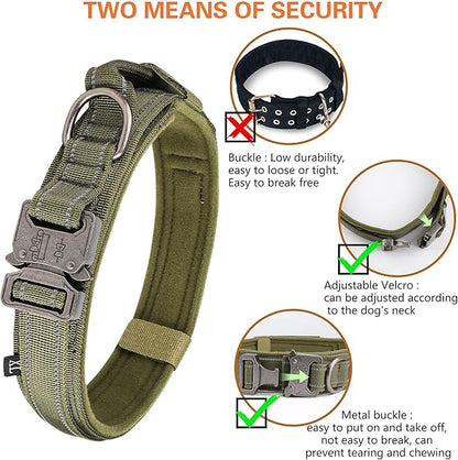 KCUCOP Tactical Dog Collar, Heavy Duty Dog Collar with Handle and Metal Buckle, Military Thick Dog Collars for Medium and Large Dogs(Green-L-Reflective, 1 Patch)