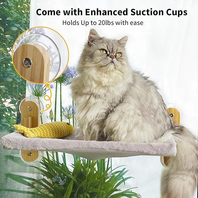 Cat Window Perch, Cordless Foldable Cats Hammock Bed with Wooden Frame Suction Cups, Removable Soft Cover Windowsill Seat for Indoor Cats Pet Shelf (20X11 inch)