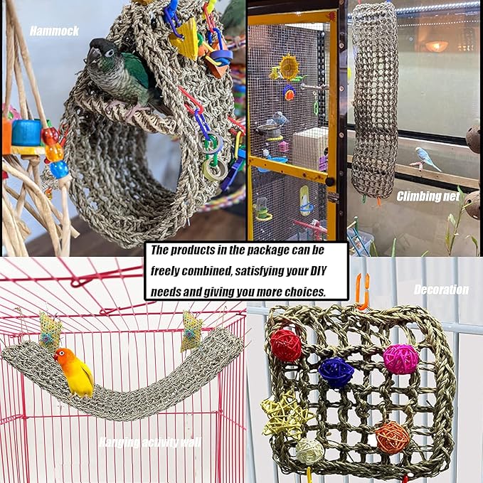 Bird Foraging Wall Toys Parrot Seagrass Mat Activity Climbing Net ladder 29.5''X7.1''&11.8''x11.8'' Hanging Hammock Cage Chew Toys with Ball Toys for Parakeet Cockatiel Conure Cockatoo Budgie Lovebird