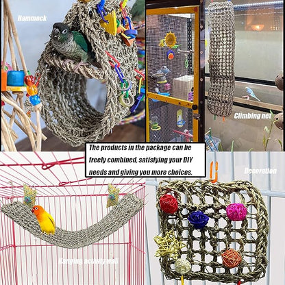 Bird Foraging Wall Toys Parrot Seagrass Mat Activity Climbing Net ladder 29.5''X7.1''&11.8''x11.8'' Hanging Hammock Cage Chew Toys with Ball Toys for Parakeet Cockatiel Conure Cockatoo Budgie Lovebird