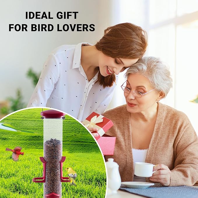 Tube Bird Feeder for Outdoors Hanging Finch Feeders for Outsides Metal 4 Ports & U Perches Squirrel Chew Proof, Removable Base, Easy to Fill & Clean, Red Attracts More Wild Birds
