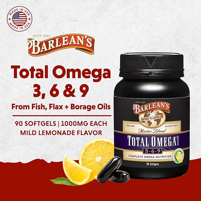 Barlean's Total Omega 3 6 9 Softgels, Blended Fish Oil Supplement with Borage and Flaxseed Oil, 1,000 mg Omegas ALA, EPA, DHA and GLA for Joint Support Supplements and Heart Health, 90 Count