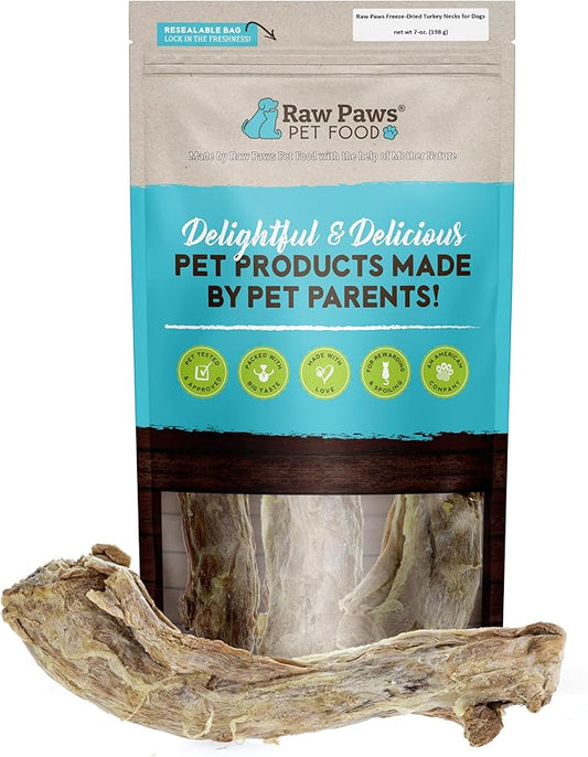 Raw Paws Freeze-Dried Turkey Necks for Dogs, 4-oz (3 Count) - Made in USA - Single Ingredient Dog Chew - Raw Freeze Dried Dog Treats - Dog Freeze Dried Treats - Freeze Dried Treats for Dogs