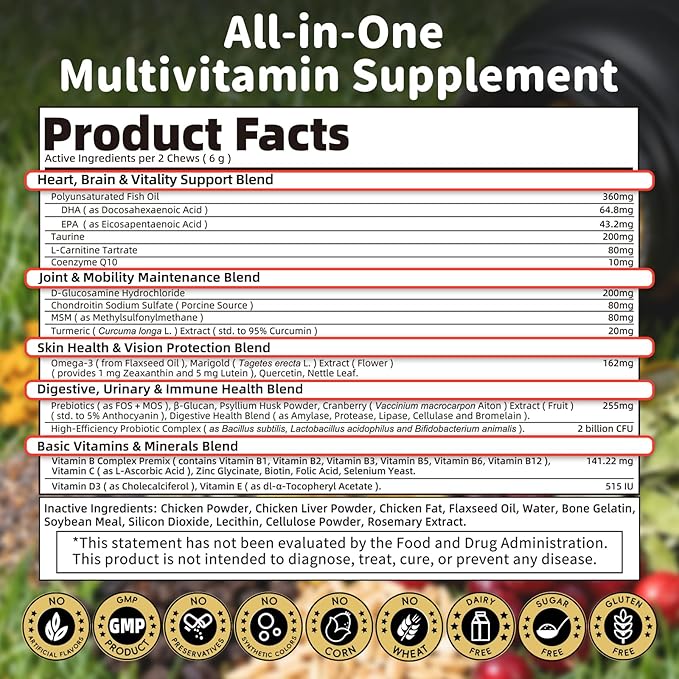 25-in-1 Dog Multivitamin Chews – All-in-One Daily Vitamins & Supplements for Dogs, Joint Support with Glucosamine MSM, Omega-3 Skin & Coat, Gut, Heart & Brain, All Breeds & Ages, Chicken, 90 Ct