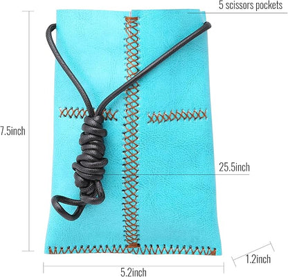 Dog Grooming Scissors Storage Bag: Hand-stitched, Show-quality Head Layer Calf Leather, Holds 5 Pairs of Dog Grooming Scissors Blue