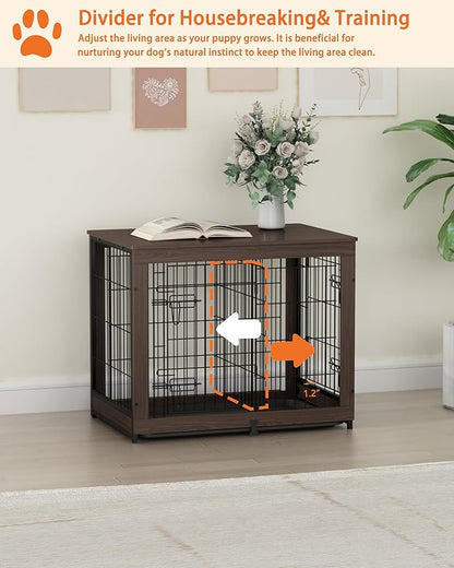 Piskyet Wooden Dog Crate Furniture with Divider Panel, Dog Crate End Table with Fixable Slide Tray, Dog Kennel Furniture, Dog Kennel Indoor for Medium Dogs(M:31.8" L*22.1" W*26.3" H,Brown Walnut)