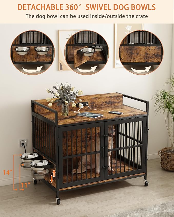 Piskyet 48" Large Dog Crate Furniture, Indoor Dog Kennel Furniture with 4 in 1 Charge Station, Heavy Duty Dog Crate Table with 360°Raised&Rotatable Feeder, Double Door Kennel with Wheels,Rustic Brown