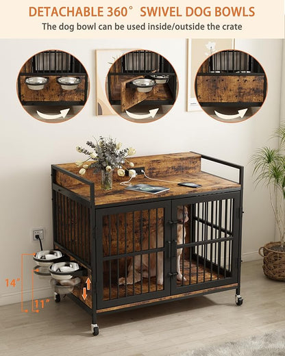Piskyet 48" Large Dog Crate Furniture, Indoor Dog Kennel Furniture with 4 in 1 Charge Station, Heavy Duty Dog Crate Table with 360°Raised&Rotatable Feeder, Double Door Kennel with Wheels,Rustic Brown