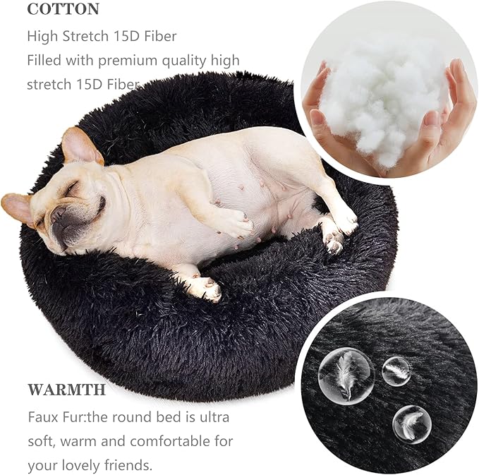 Black Dog Bed for Small Dogs Washble Calming Dog Bed for Small Dogs 23 Inch Fluffy Plush Black Dog Bed Round Donut Machine Washable Small Pet Bed.