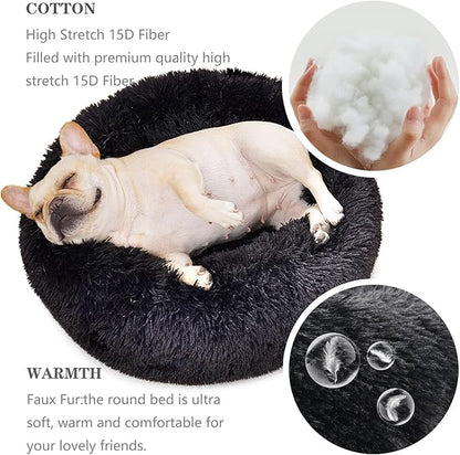 Black Dog Bed for Small Dogs Washble Calming Dog Bed for Small Dogs 23 Inch Fluffy Plush Black Dog Bed Round Donut Machine Washable Small Pet Bed.