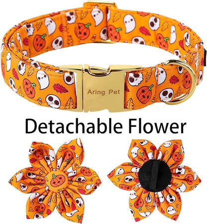 ARING PET Halloween Dog Collar-Cotton Pumpkin Dog Collar with Flower, Adjustable Halloween Themed Dog Collars Pet Necklace with Metal Buckle for Girl&Boy Dogs