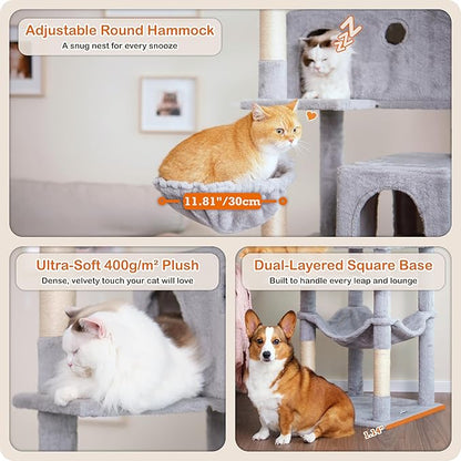 Ouritsu Cat Tree, 73.6 inch Tall Cat Climbing Tower for Large Cat Indoor with 2 Large Condos, 2 Widened Perches, Sisal Covered Scratching Posts, 2 Hammocks, Light Gray, XLF001GA