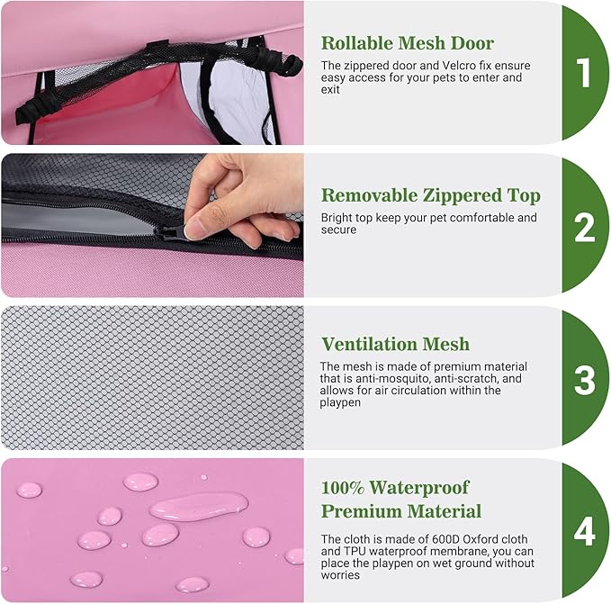 Royizen Puppy Cat Tent Playpen Foldable Waterproof Dog Crate Kennel Indoor Outdoor Portable Playpen Kitten and Small Pets Pop Up Kennel Cat Travel Carrier with Litter Box Enclosure, Pink