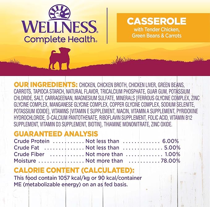 Wellness Natural Pet Food Petite Entrees Casserole Grain Free Natural Wet Small Breed Dog Food, Tender Chicken, Green Beans & Carrots, 3-Ounce Cup (Pack of 24)