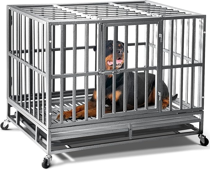 38 inch Heavy Duty Indestructible Dog Crate,2025 New Upgraded Reinforced Baseplate for Large Dogs,XL Dog Crate for High Anxiety Dogs/Max Load Capacity 200lbs/Double Door with Wheelsï¼_ilverï¼