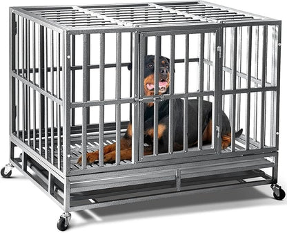 38 inch Heavy Duty Indestructible Dog Crate,2025 New Upgraded Reinforced Baseplate for Large Dogs,XL Dog Crate for High Anxiety Dogs/Max Load Capacity 200lbs/Double Door with Wheelsï¼_ilverï¼