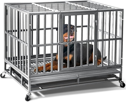 38 inch Heavy Duty Indestructible Dog Crate,2025 New Upgraded Reinforced Baseplate for Large Dogs,XL Dog Crate for High Anxiety Dogs/Max Load Capacity 200lbs/Double Door with Wheelsï¼_ilverï¼