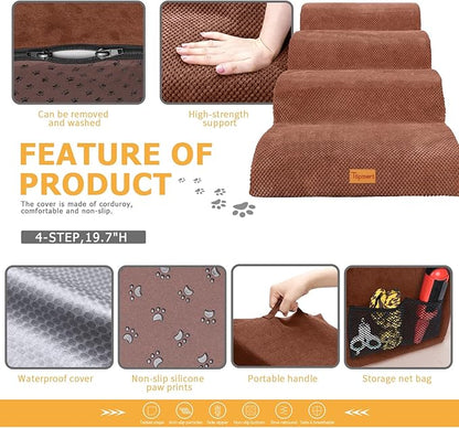 Topmart Wider High Density Foam Dog Steps 4 Tiers,Extra Wide Deep Pet Steps,Non-Slip Pet Stairs with Waterproof Cover,Soft Foam Dog Ladder,Best for Older Dogs Injured,Older Pets,Cats with Joint Pain