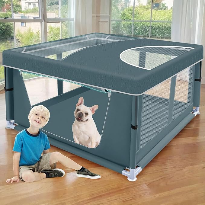 42x42x26 Inch Puppy Playpen with Cover, Dog Playpen for Puppies or Small Dogs, Pet Playpen for Indoor & Outdoor, Sturdy DogPen with Thickened Fabric, High-Strength Nylon Wire Mesh, Green