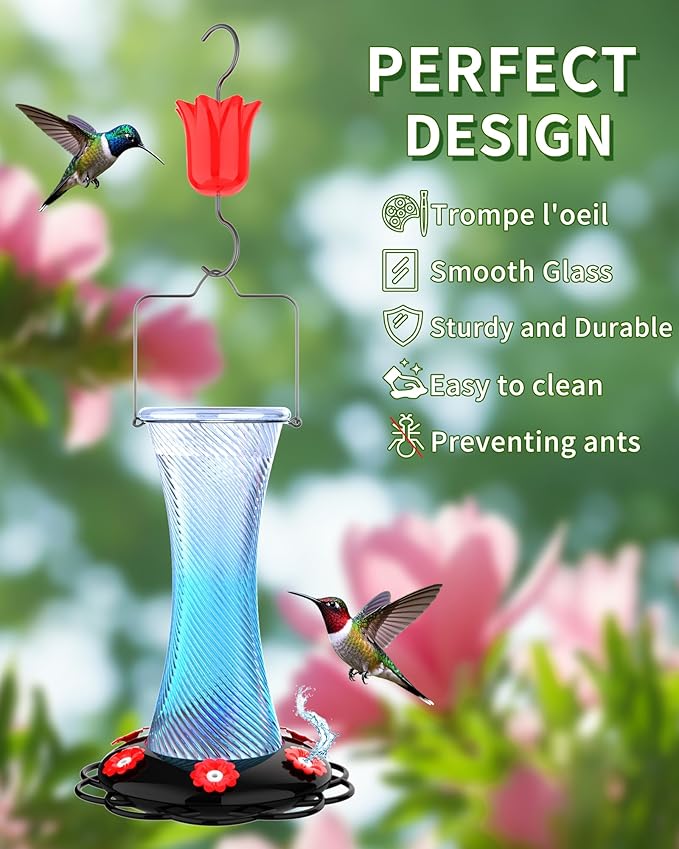 Hanging 20oz Glass Hummingbird Feeder with Moat, Small Outdoor Plastic Bird Feeder, Squirrel Proof, Ants, Outside Water Dispenser for Garden (Blue Glass Bird Feeder-2)