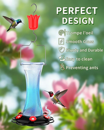 Hanging 20oz Glass Hummingbird Feeder with Moat, Small Outdoor Plastic Bird Feeder, Squirrel Proof, Ants, Outside Water Dispenser for Garden (Blue Glass Bird Feeder-2)