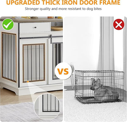 3-in-1 Double Dog Crate Furniture, 66.1 Inch White Furniture Kennel for Large Dogs with Divider, Dog Kennel Dog Crates TV Stand with 2 Drawers and Sliding Doors