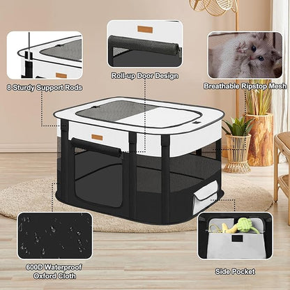 Dog Playpen - Foldable Cat Play Pens for Pubby, Kitten, Rabbit, Portable Pet Tent with Carring Bag for Indoor/Outdoor Travel Camping (Black-Large)