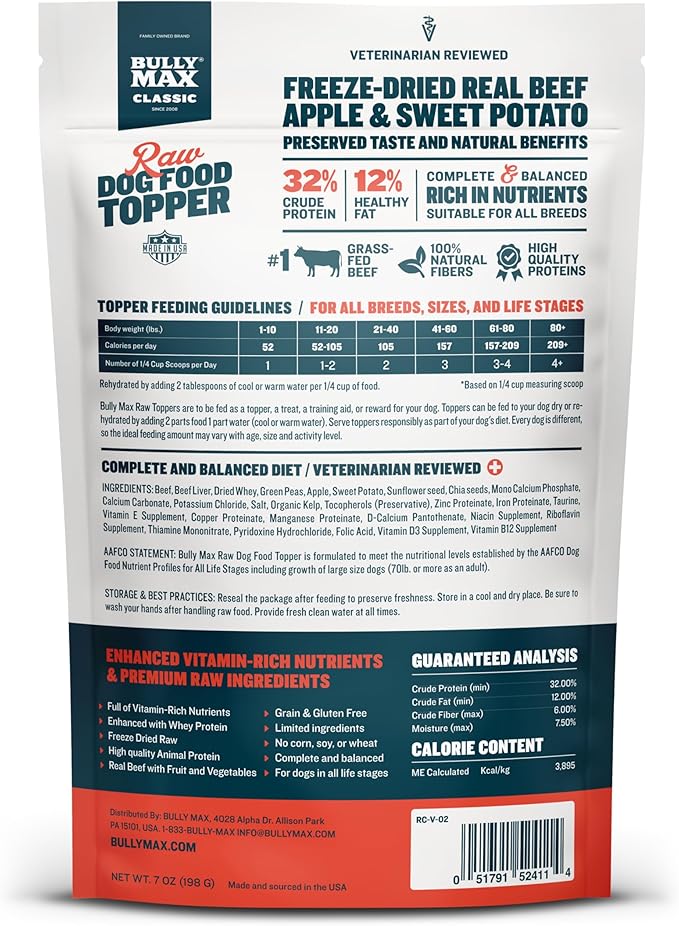 Bully Max Freeze-Dried Raw Dog Food Toppers for Puppies and Adult Dogs - Beef with Real Fruits & Veggies - Natural Meal Enhancers with Vitamins & Minerals - Feed as Puppy Treat or Dog Meal