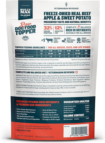 Bully Max Freeze-Dried Raw Dog Food Toppers for Puppies and Adult Dogs - Beef with Real Fruits & Veggies - Natural Meal Enhancers with Vitamins & Minerals - Feed as Puppy Treat or Dog Meal