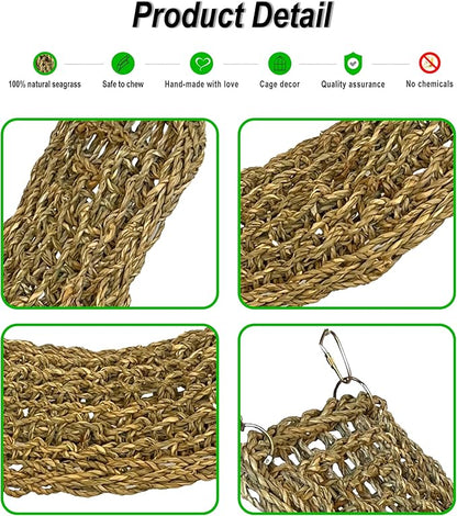 SIMENA Seagrass Mat for Birds, Natural Grass Woven Bird Net Hammock, Climbing Rope Ladder, Chew Toys for Parrots Lovebirds Cockatiels Conures Budgies, Cockatoos (Large)