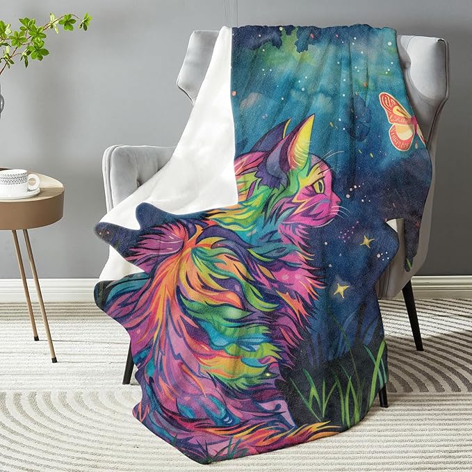Colorful Cat Blanket Flannel Throw Blanket - Soft Plush, Comfy, Lightweight, Warm, Fuzzy, All-Season Gift for Sofa, Bedroom, Bed, Living Room, Outdoor Use for Men Women 80in×60in