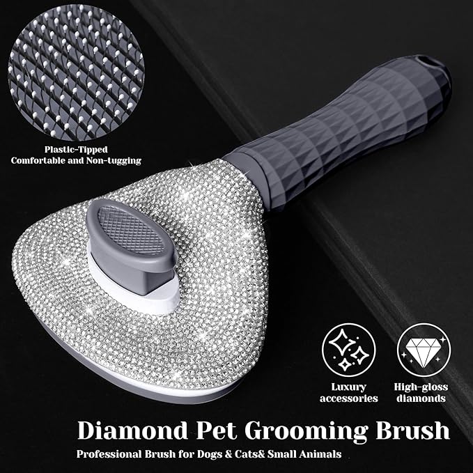 Full Diamonds Self Cleaning Slicker Brush for Dogs & Cats, Skin Friendly Grooming Cat Brush, Dog Brush for Shedding, Deshedding Brush, Hair Brush Rhinstones Brush for Haired Pets,Grey