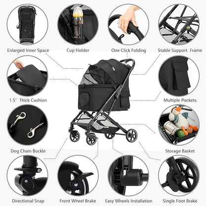 Medium Dog Stroller, Kenyone Pet Stroller for Medium Dogs Up to 55lbs, Lightweight Aluminum Frame, One Click Folding, Large Cat Stroller with No Zip Entry, Detachable Mesh, Multiple Pockets