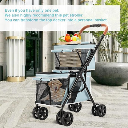 Double Pet Stroller for Dogs and Cats, One-Hand Folding Dog Stroller Travel Carriage for Small Medium Dogs Cats, 4 Wheels, Blue