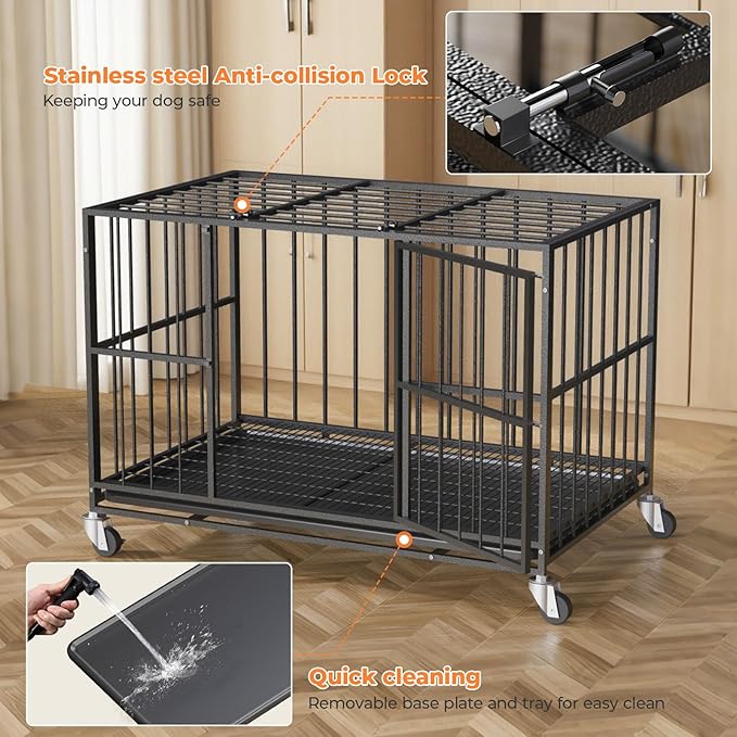 48/42/38 Inch Heavy Duty Dog Crate Steel Escape Proof, Indoor Double Door High Anxiety Cage, Removable Tray, Kennel with Wheels,XL XXL