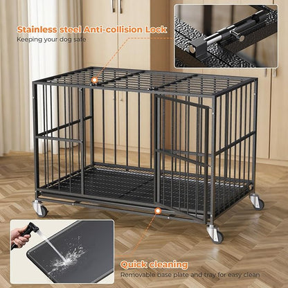 48/42/38 Inch Heavy Duty Dog Crate Steel Escape Proof,Indoor Double Door High Anxiety Cage, Removable Tray, Kennel with Wheels,XL