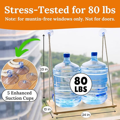 Cat Window Perch for Large Cats - Hammock Bed for Heavy Indoor Cats - Solid Wood Seat, 5 Strong Suction Cups, Soft Cushion - Rustic Shelf for Pets Inside