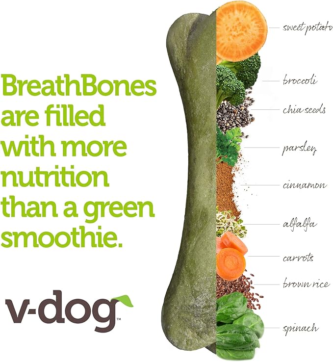 V-dog Dog Treats - Vegan Breathbone Teeth Cleaning Dental Dog Bones - Fresh Breath - 8 Ounces - All Natural - Made in USA - 6 Bones - 4" Long - Easy to Digest