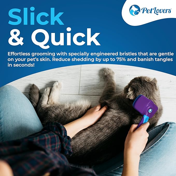 PetLovers EzSlicker Self-Cleaning Brush - Dog Brush for Shedding, Gentle Slicker Brush for Cats, Tangle-Free Grooming Comb with Soft Bristles & Ergonomic Handle for Stress-Free Grooming (Purple)