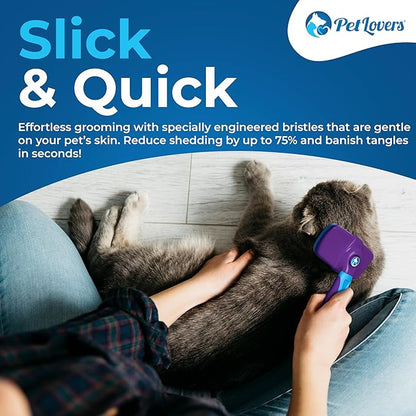 PetLovers EzSlicker Self-Cleaning Brush - Dog Brush for Shedding, Gentle Slicker Brush for Cats, Tangle-Free Grooming Comb with Soft Bristles & Ergonomic Handle for Stress-Free Grooming (Purple)