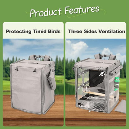 Suertree Bird Carrier Travel Cage, Cockatoo Carrier, Parrot Travel Backpack with Unbreakable Stainless Steel Mesh, Perch, Water Bottle and Food Bowl, X-Large Grey