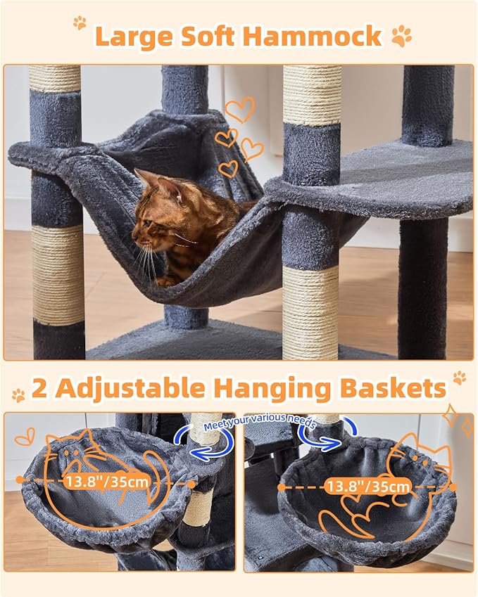 Taoqimiao Cat Tree, 77-Inch Cat Tower for Large Cats Multi-Level Cat Condos for Indoor Cats with 2 Condos, Extra-Lagre Platform, 2 Hanging Baskets, Hammock, 8 Scratching Posts, MS044G Smoke Gray