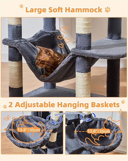 Taoqimiao Cat Tree, 77-Inch Cat Tower for Large Cats Multi-Level Cat Condos for Indoor Cats with 2 Condos, Extra-Lagre Platform, 2 Hanging Baskets, Hammock, 8 Scratching Posts, MS044G Smoke Gray