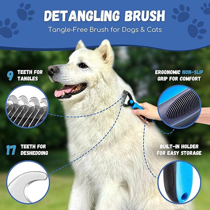 Complete Dog Brush set, 5-in-1 Grooming kit with Slicker Brush, Rubber Massage Brush, Nail Clipper, File, and Undercoat Rake.