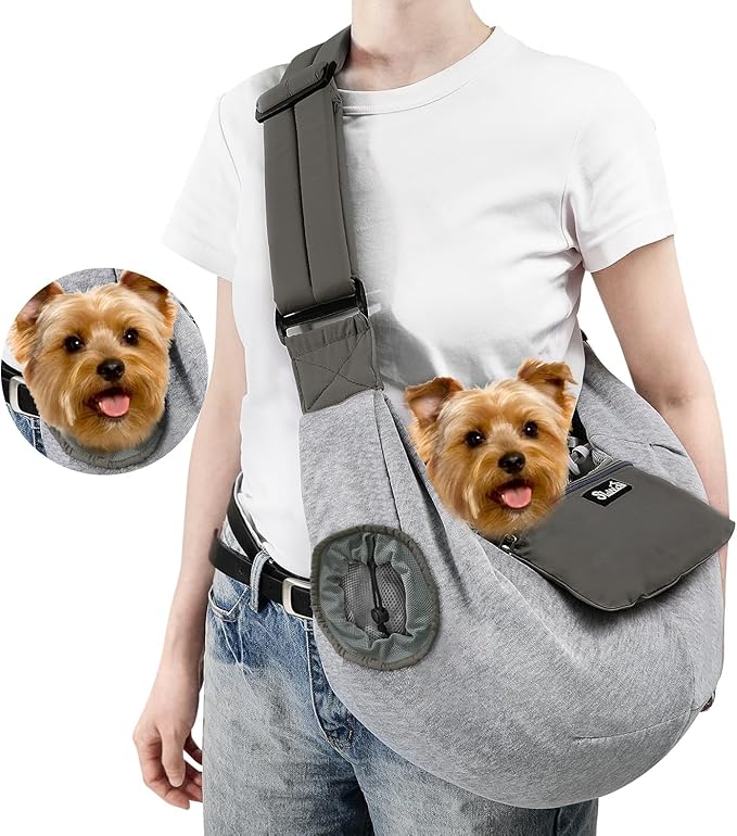 SlowTon Dog Carrier Sling - Puppy Carrier with Window and Storage Pocket Fits up to 12lbs, Dog Sling with Thick Adjustable Shoulder Strap and Safety Leash, Pet Carrier Bag for Small Dogs Cats(Grey M)