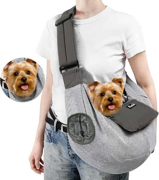 SlowTon Dog Carrier Sling - Puppy Carrier with Window and Storage Pocket Fits up to 12lbs, Dog Sling with Thick Adjustable Shoulder Strap and Safety Leash, Pet Carrier Bag for Small Dogs Cats(Grey M)