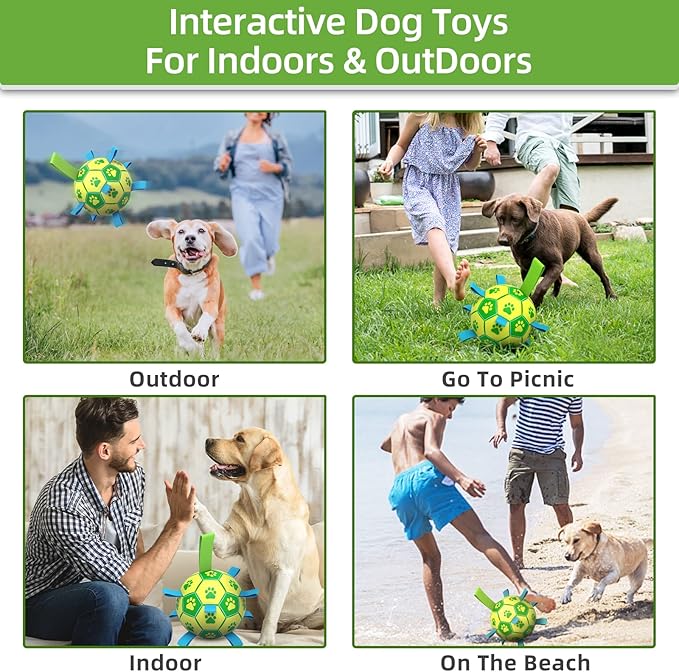 QDAN Dog Toys Soccer Ball, Interactive Dog Toys for Tug of War, Dog Tug Toy, Dog Water Toy, Durable Dog Balls for Small & Medium Dogs-Green&Yellow(6 inch)