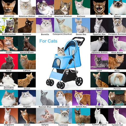 Dog Stroller for Small Dogs, Portable Pet Stroller for Cats Folding Puppy Stroller Lightweight Dog Cat Cage Jogger Stroller with Storage Basket and Cup Holder, 4 Wheels, Blue