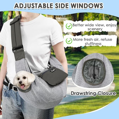 SlowTon Dog Carrier Sling - Puppy Carrier with Window and Storage Pocket Fits up to 12lbs, Dog Sling with Thick Adjustable Shoulder Strap and Safety Leash, Pet Carrier Bag for Small Dogs Cats(Grey S)